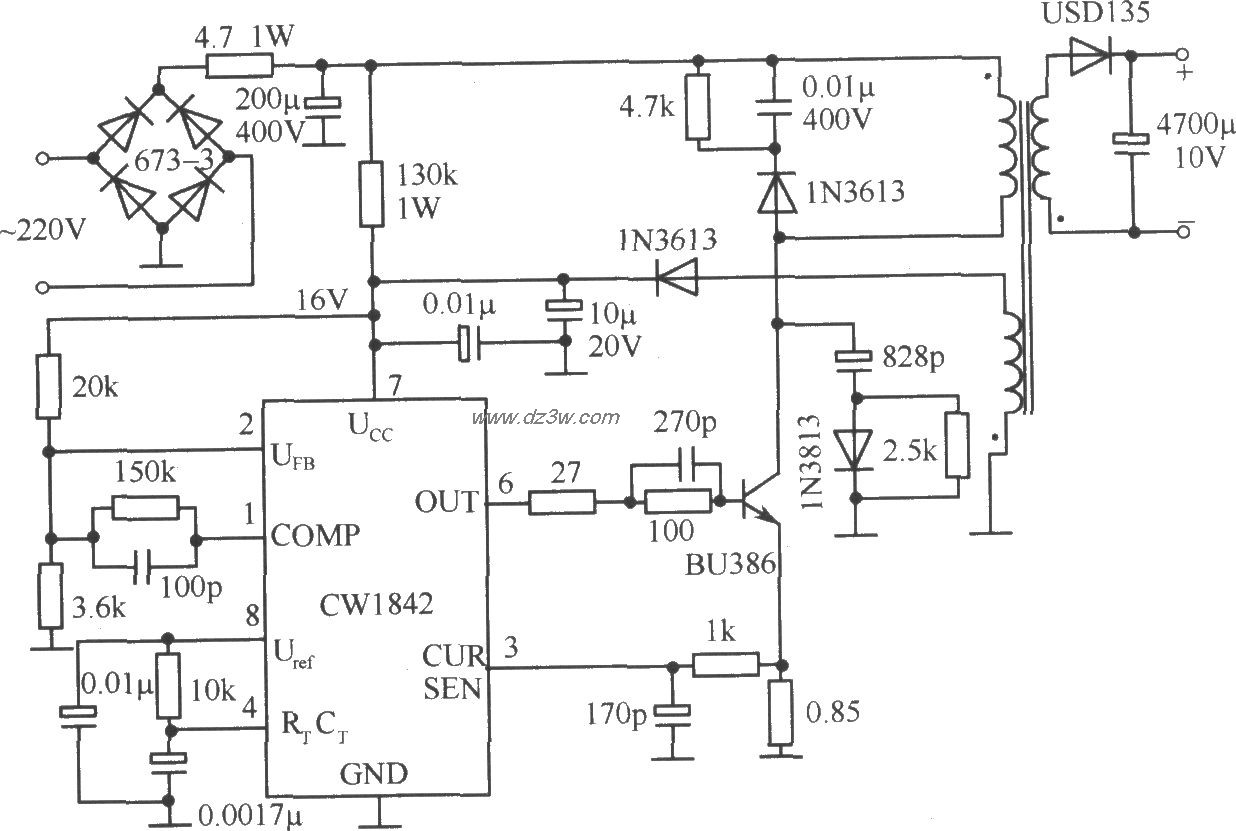 由CW1842外接雙極型功率管組成的隔離式開關穩壓電源電路