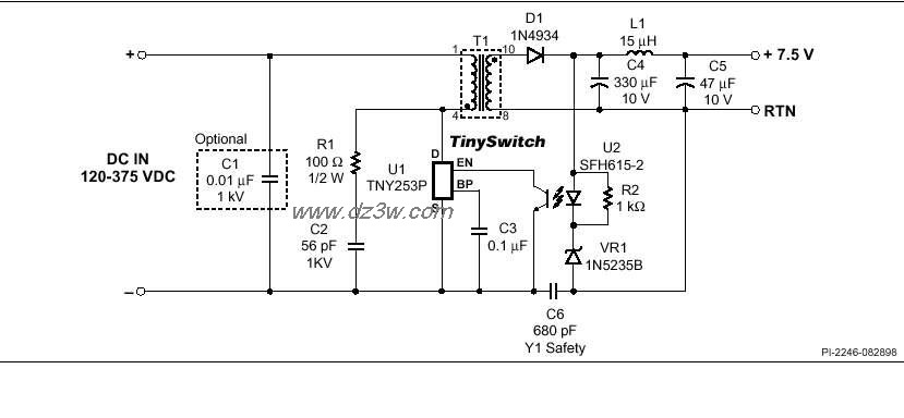 TNY253P組成的7.5V開關穩壓電路