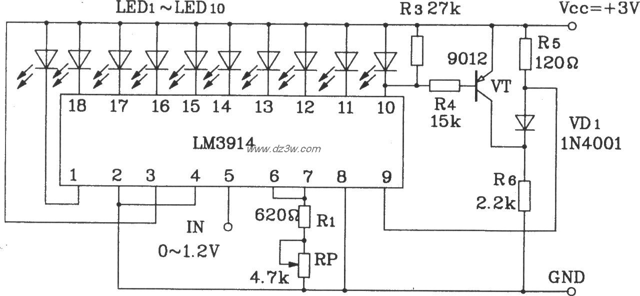 LM3914構成點顯示線溢出的LED顯示電路